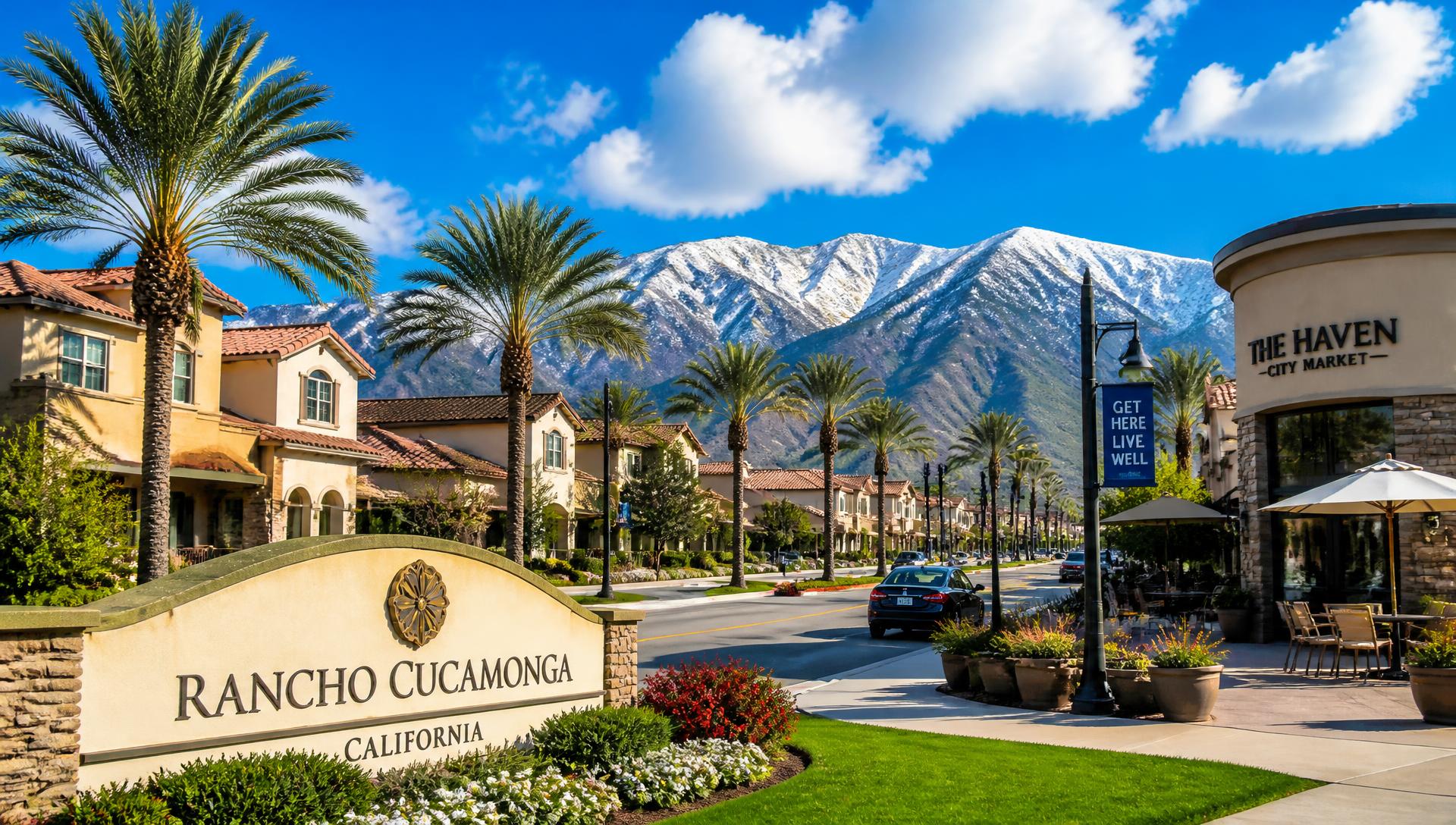 Sunny daylight view of a palm-lined Rancho Cucamonga street with Mediterranean homes and the snow-capped San Gabriel Mountains behind